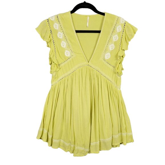 FREE PEOPLE Yellow Falling Water Boho Embroidered Flutter Tunic Top SIZE XS - Picture 2 of 14